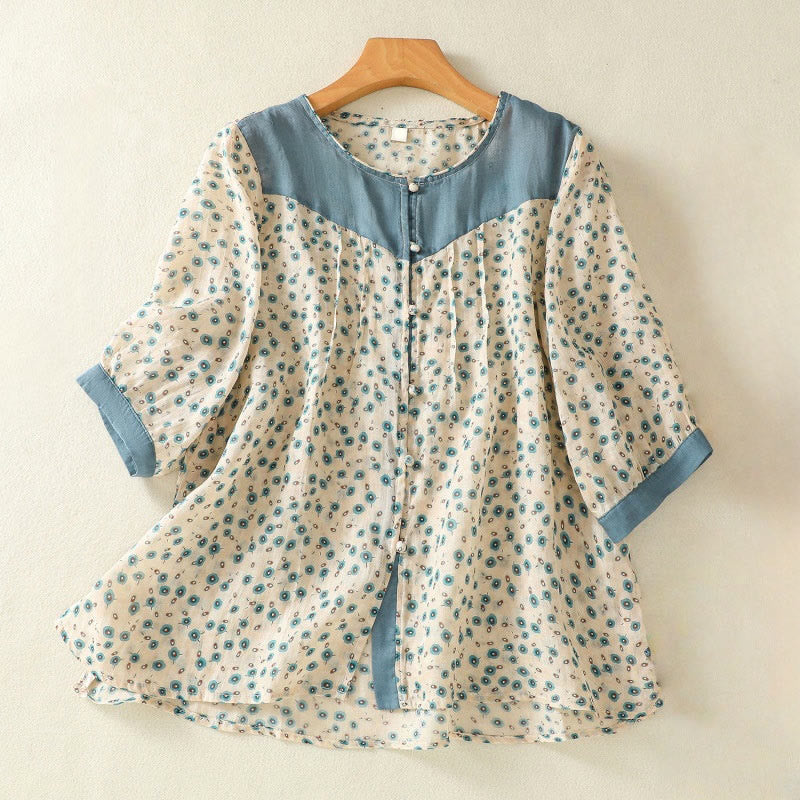 Buddha Stonesプリント 花柄ボタン カラーコントラスト 半袖 レディース シャツ - スティールブルー - US8-10，UK/AU12-14，EU40-42 (2XL) - image 9