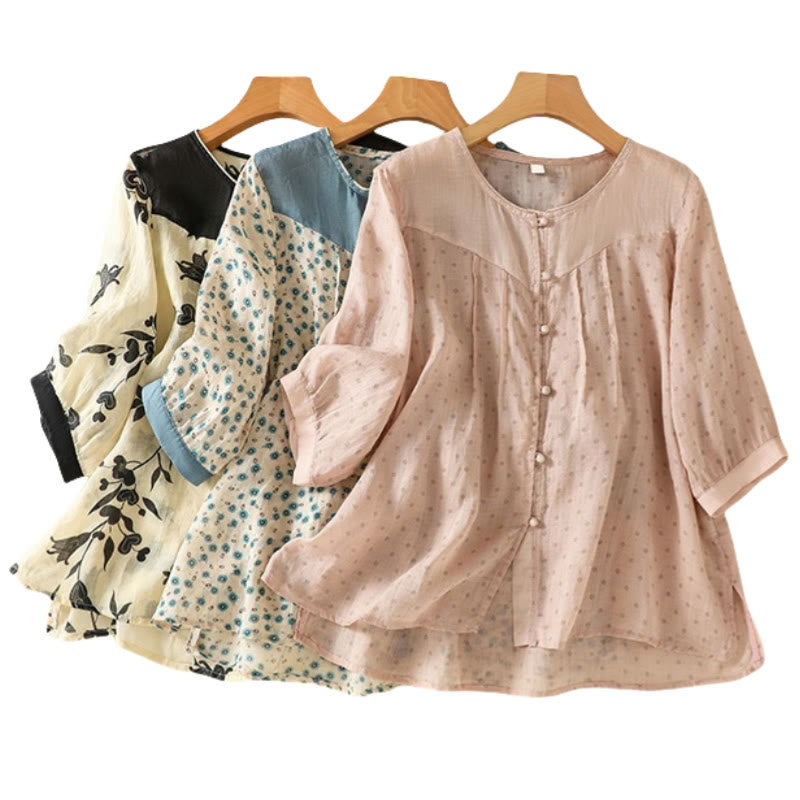Buddha Stonesプリント 花柄ボタン カラーコントラスト 半袖 レディース シャツ - image 40
