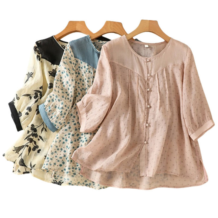 Buddha Stonesプリント 花柄ボタン カラーコントラスト 半袖 レディース シャツ - image 40