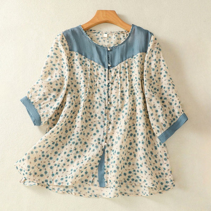 Buddha Stonesプリント 花柄ボタン カラーコントラスト 半袖 レディース シャツ - スティールブルー - US8-10，UK/AU12-14，EU40-42 (2XL) - image 8