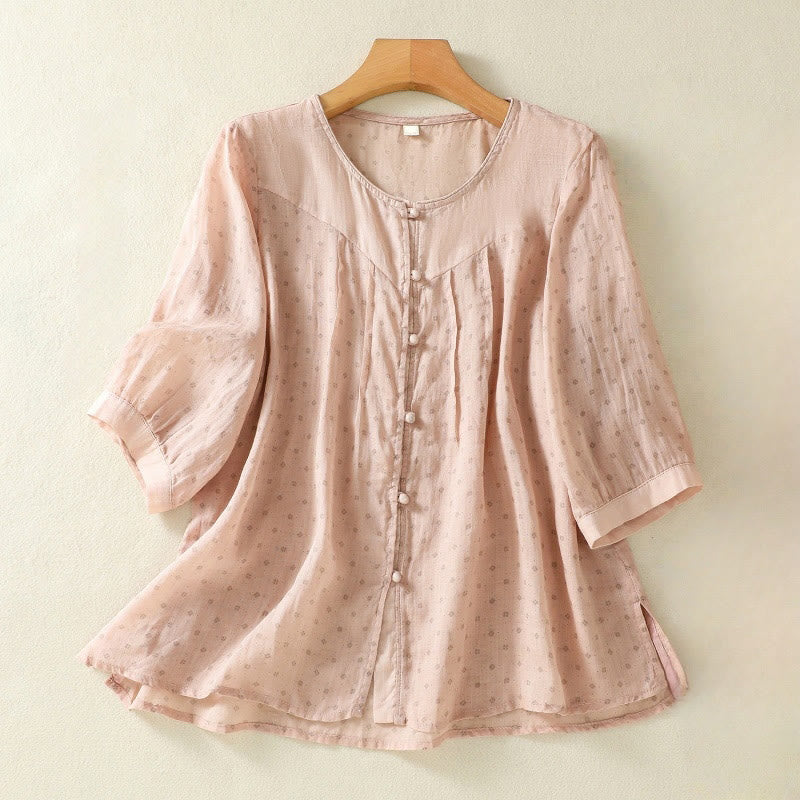 Buddha Stonesプリント 花柄ボタン カラーコントラスト 半袖 レディース シャツ - ピーチパフ - US8-10，UK/AU12-14，EU40-42 (2XL) - image 26