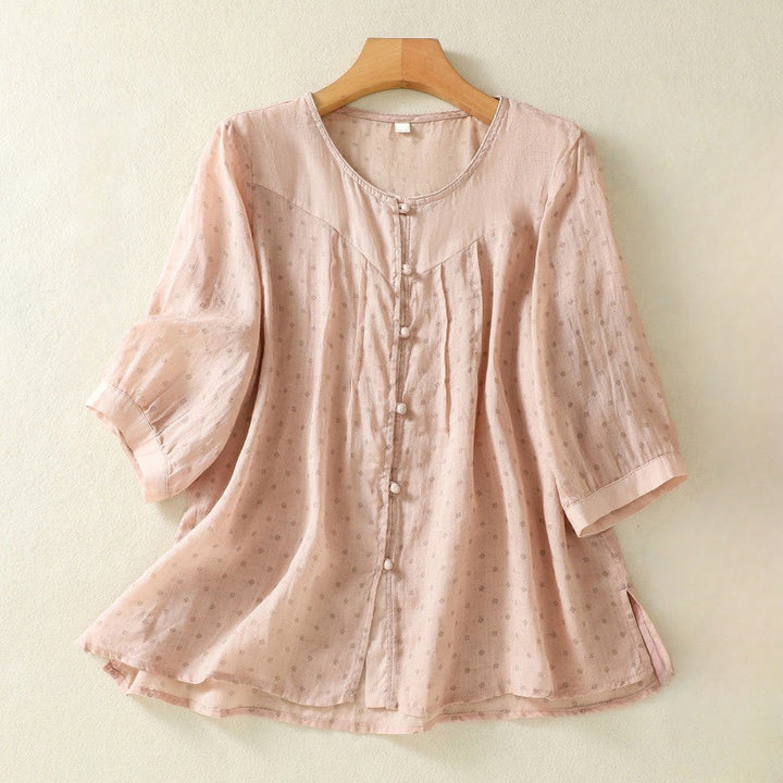 Buddha Stonesプリント 花柄ボタン カラーコントラスト 半袖 レディース シャツ - ピーチパフ - US8-10，UK/AU12-14，EU40-42 (2XL) - image 26