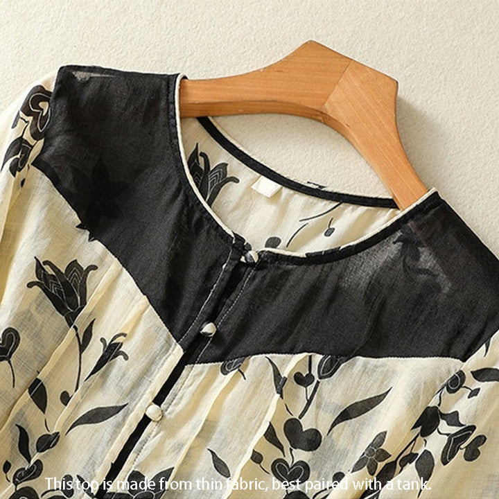 Buddha Stonesプリント 花柄ボタン カラーコントラスト 半袖 レディース シャツ - image 1