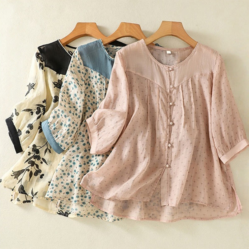 Buddha Stonesプリント 花柄ボタン カラーコントラスト 半袖 レディース シャツ - image 36