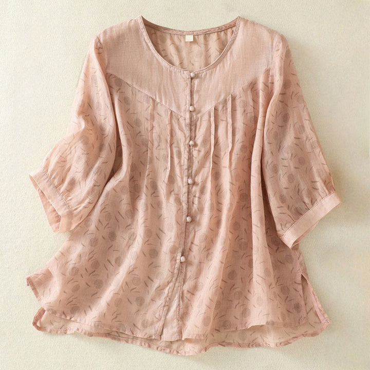 Buddha Stonesプリント 花柄ボタン カラーコントラスト 半袖 レディース シャツ - ダークサーモン - US8-10，UK/AU12-14，EU40-42 (2XL) - image 16