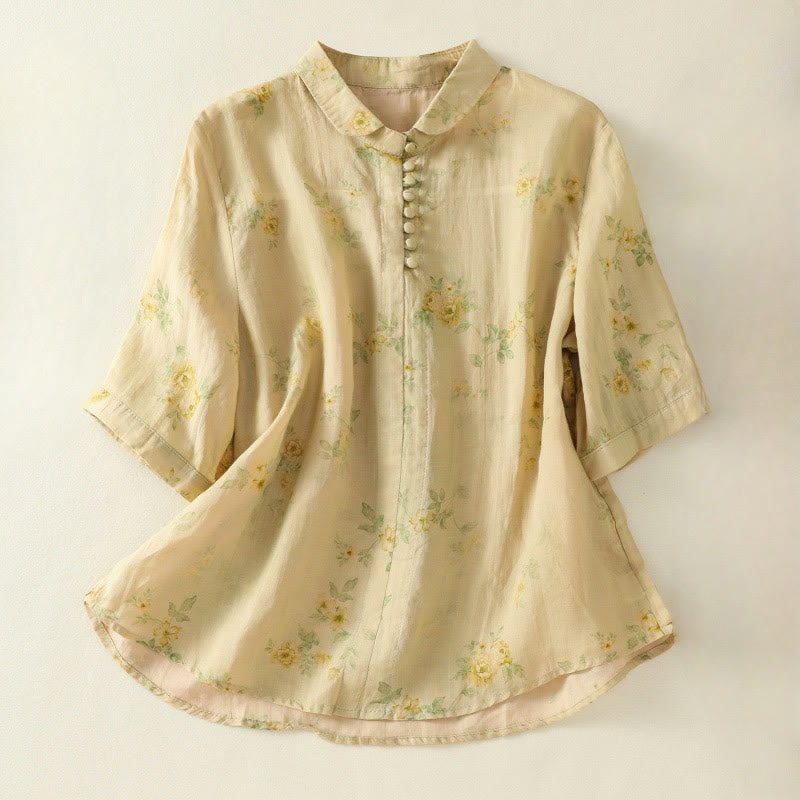 Buddha Stonesプリント カエルボタン ラペル 半袖 レディース コットンシャツ - カーキ - US8-10，UK/AU12-14，EU40-42 (2XL) - image 16