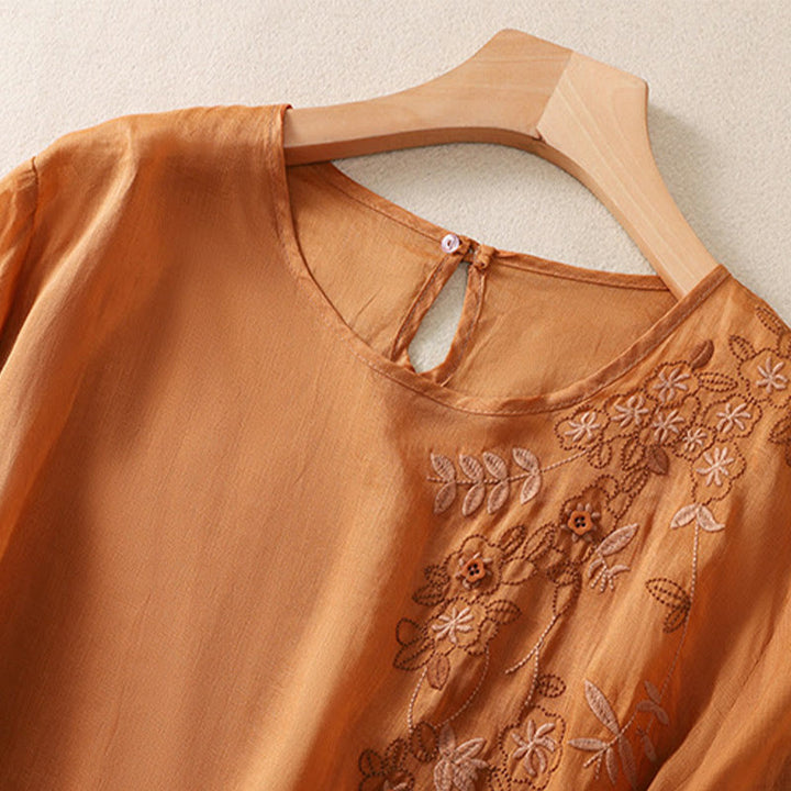 Buddha Stones刺繍 花柄裾スリット レディース コットンリネン 半袖Tシャツ - image 12