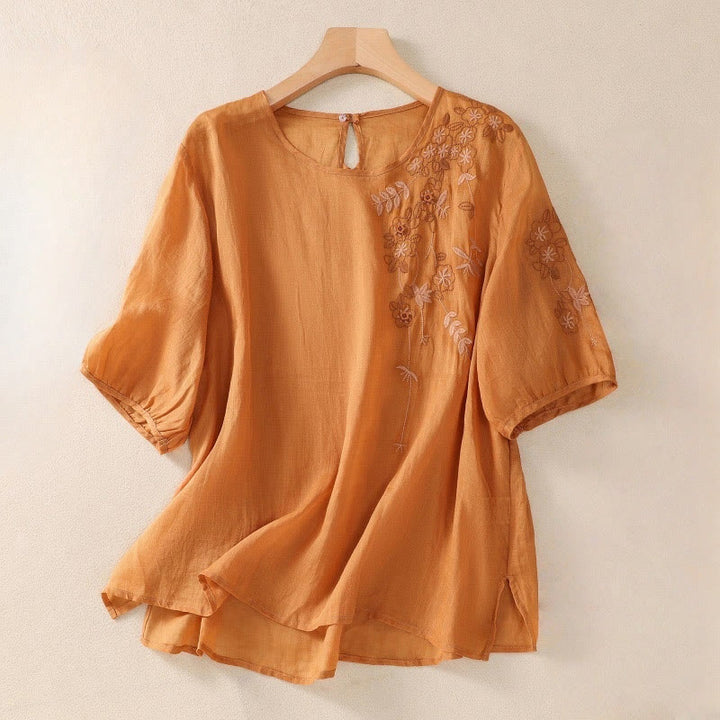 Buddha Stones刺繍 花柄裾スリット レディース コットンリネン 半袖Tシャツ - ダークオレンジ - US14、 UK/AU18、 EU46 (2XL) - image 10