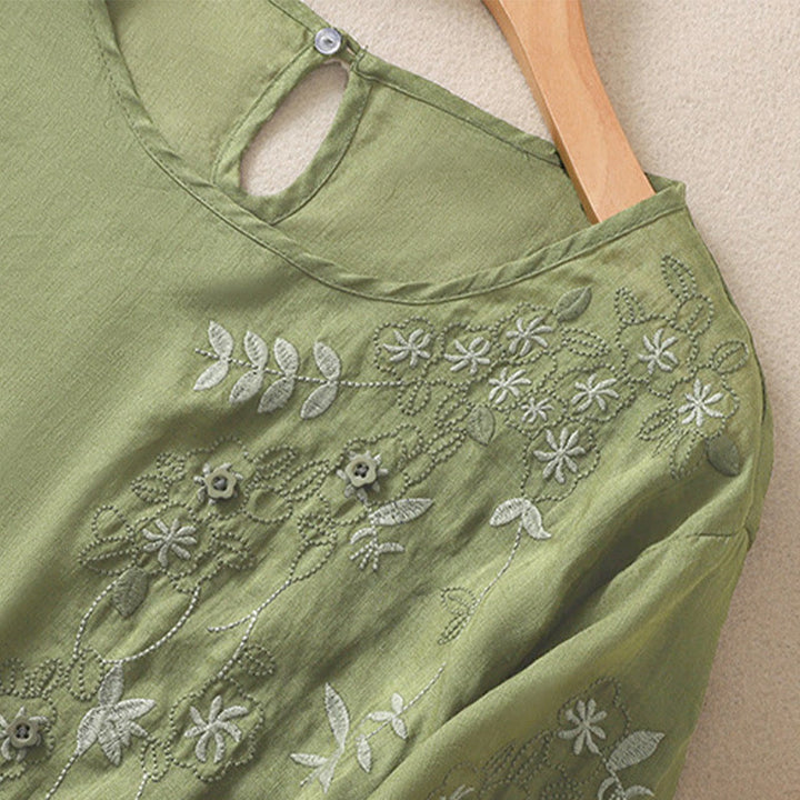 Buddha Stones刺繍 花柄裾スリット レディース コットンリネン 半袖Tシャツ - image 5