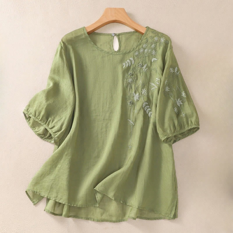 Buddha Stones刺繍 花柄裾スリット レディース コットンリネン 半袖Tシャツ - ライムグリーン - US14、 UK/AU18、 EU46 (2XL) - image 1