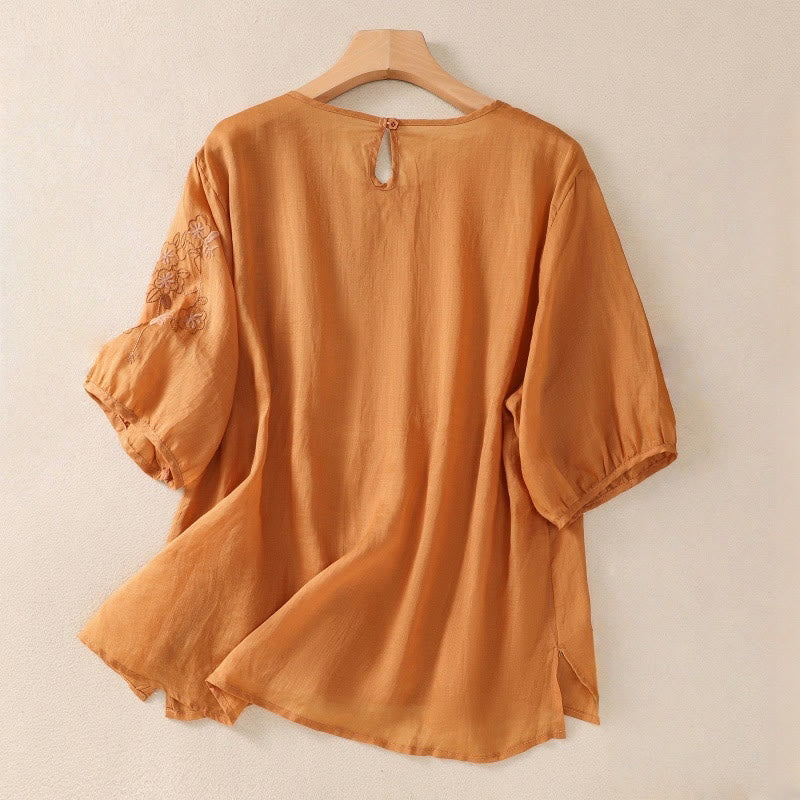 Buddha Stones刺繍 花柄裾スリット レディース コットンリネン 半袖Tシャツ - image 11