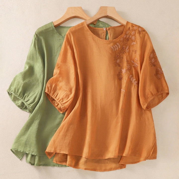 Buddha Stones刺繍 花柄裾スリット レディース コットンリネン 半袖Tシャツ - image 20