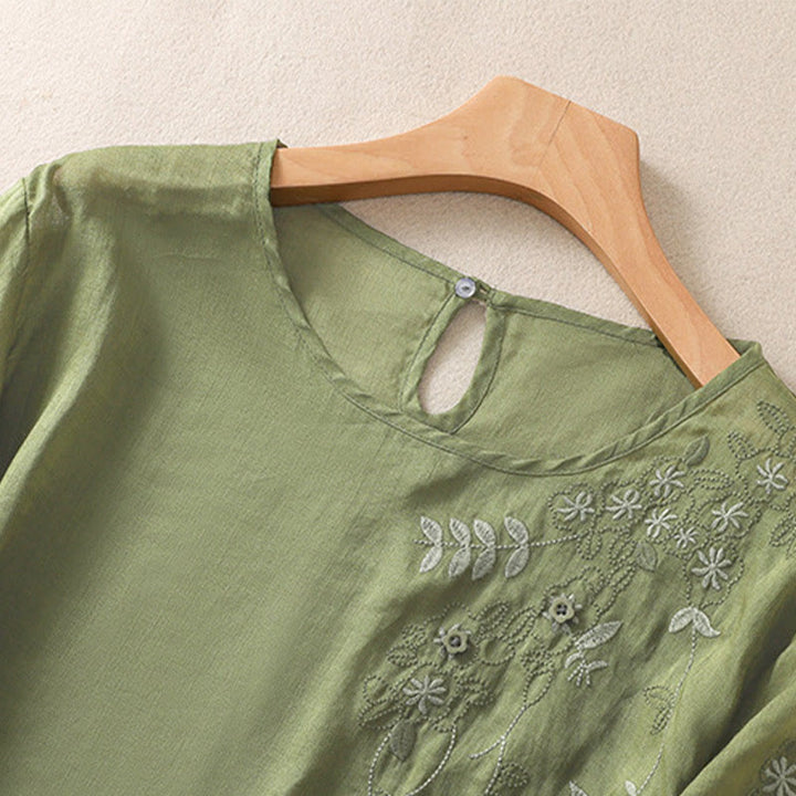 Buddha Stones刺繍 花柄裾スリット レディース コットンリネン 半袖Tシャツ - image 3