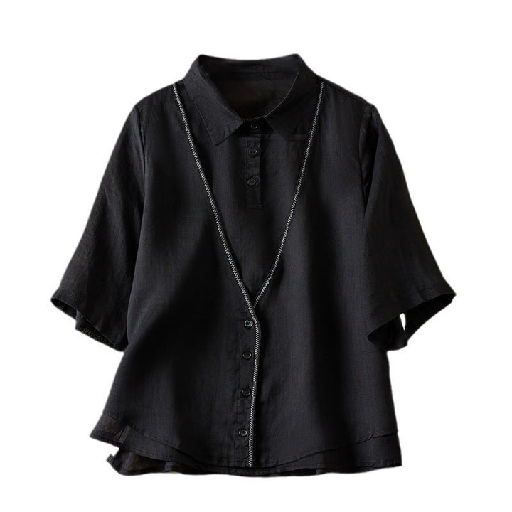 Buddha Stonesレトロ 無地 フェイクツーピース ボタン ハーフスリーブデザイン レディース コットンリネンシャツ - image 34