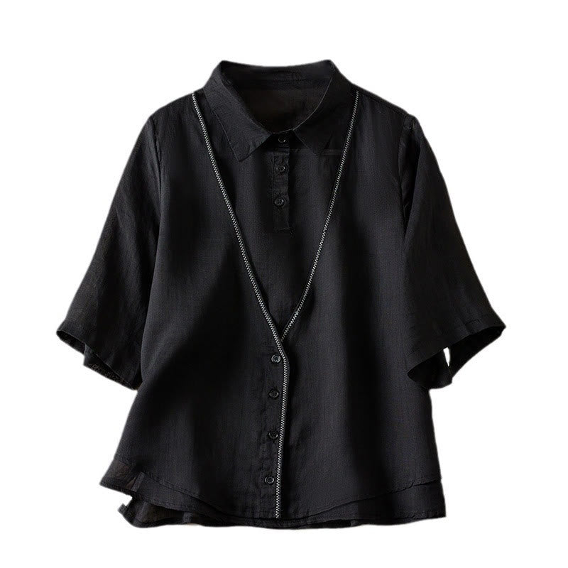 Buddha Stonesレトロ 無地 フェイクツーピース ボタン ハーフスリーブデザイン レディース コットンリネンシャツ - image 35