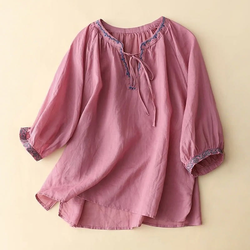 Buddha Stonesサマー刺繍 七分袖 ランタンスリーブ レディース コットンリネン Tシャツ - 淡い紫がかった赤 - US14、 UK/AU18、 EU46 (3XL) - image 11