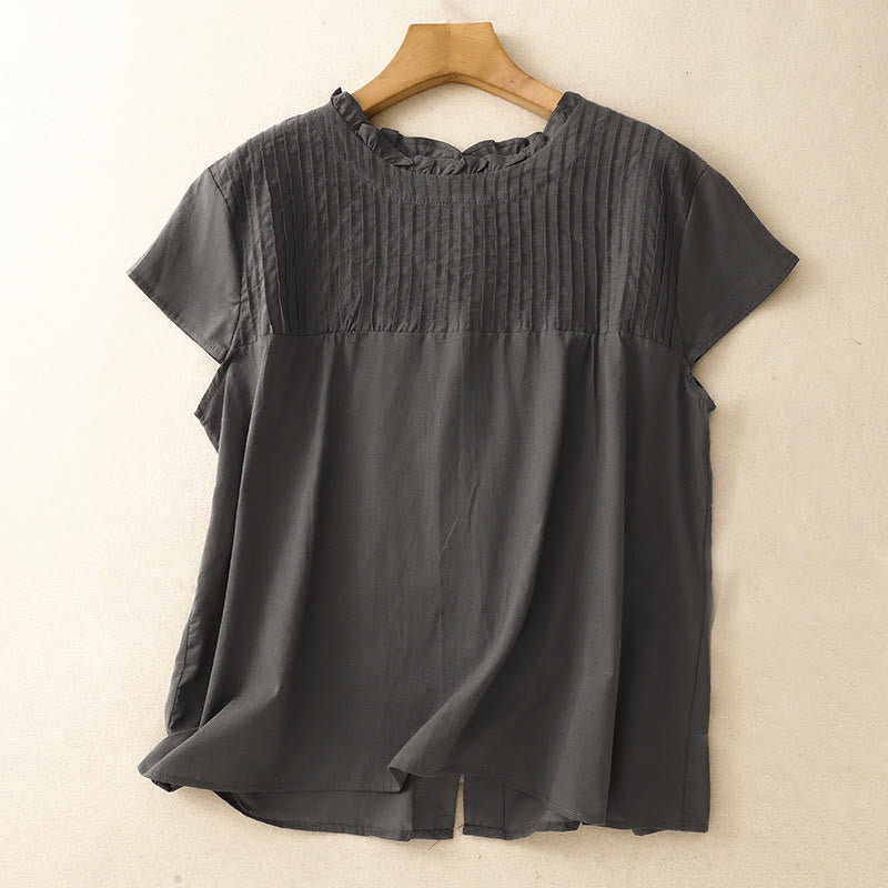 Buddha Stones夏用 無地 フリル プリーツデザイン レディース 半袖シャツ - ダークスレートグレー - US6、 UK/AU10、EU38（2XL） - image 6