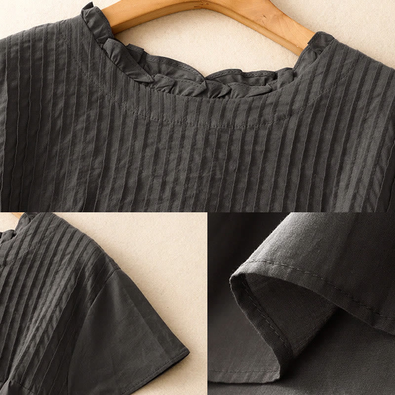 Buddha Stones夏 純色 フリル プリーツデザイン レディース コットン 半袖シャツ - image 11