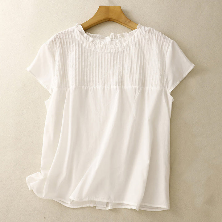 Buddha Stones夏 純色 フリル プリーツデザイン レディース コットン 半袖シャツ - 白 - US12、 UK/AU16、 EU44 (2XL) - image 12