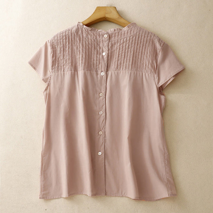 Buddha Stones夏 純色 フリル プリーツデザイン レディース コットン 半袖シャツ - ダークサーモン - US12、 UK/AU16、 EU44 (2XL) - image 1