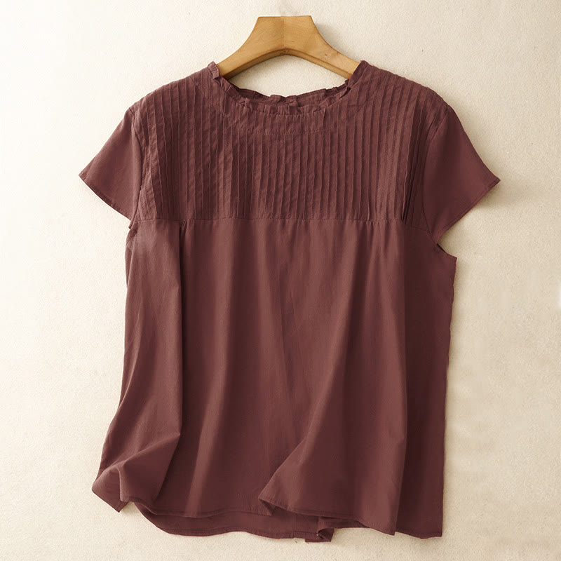 Buddha Stones夏 純色 フリル プリーツデザイン レディース コットン 半袖シャツ - ダークレッド - US12、 UK/AU16、 EU44 (2XL) - image 16
