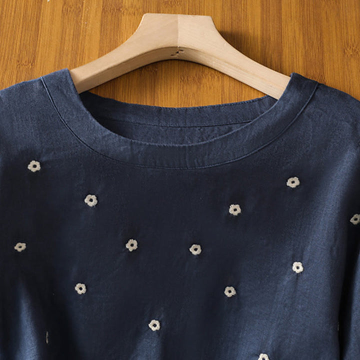 Buddha Stones無地 刺繍 花柄 半袖 レディース コットン Tシャツ - image 2