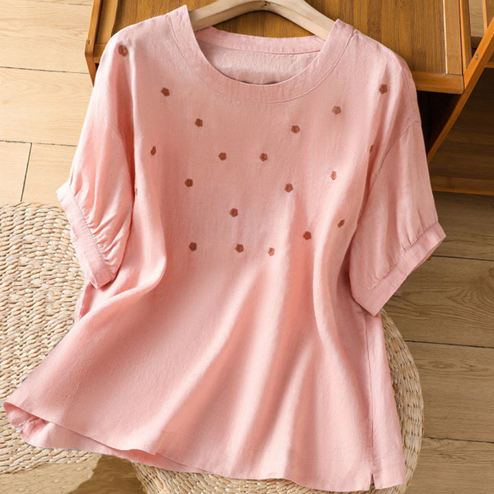 Buddha Stones無地 刺繍 花柄 半袖 レディース コットン Tシャツ - ライトピンク - US14、 UK/AU18、 EU46 (2XL) - image 6