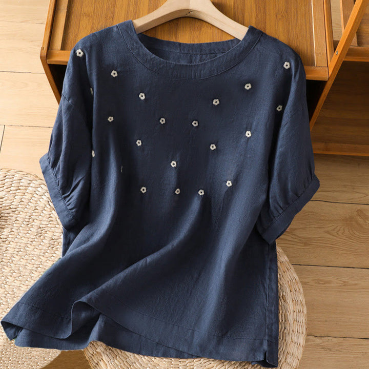Buddha Stones無地 刺繍 花柄 半袖 レディース コットン Tシャツ - ミッドナイトブルー - US14、 UK/AU18、 EU46 (2XL) - image 0