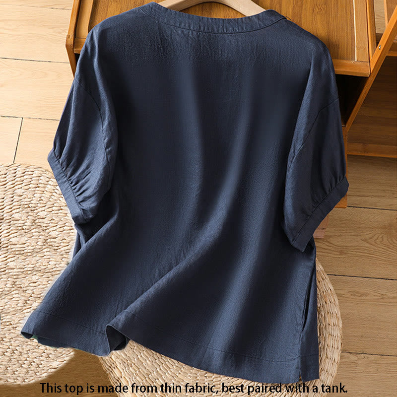 Buddha Stones無地 刺繍 花柄 半袖 レディース コットン Tシャツ - image 1