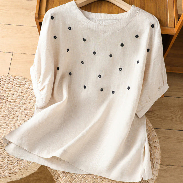 Buddha Stones無地 刺繍 花柄 半袖 レディース コットン Tシャツ - ベージュ - US14、 UK/AU18、 EU46 (2XL) - image 14