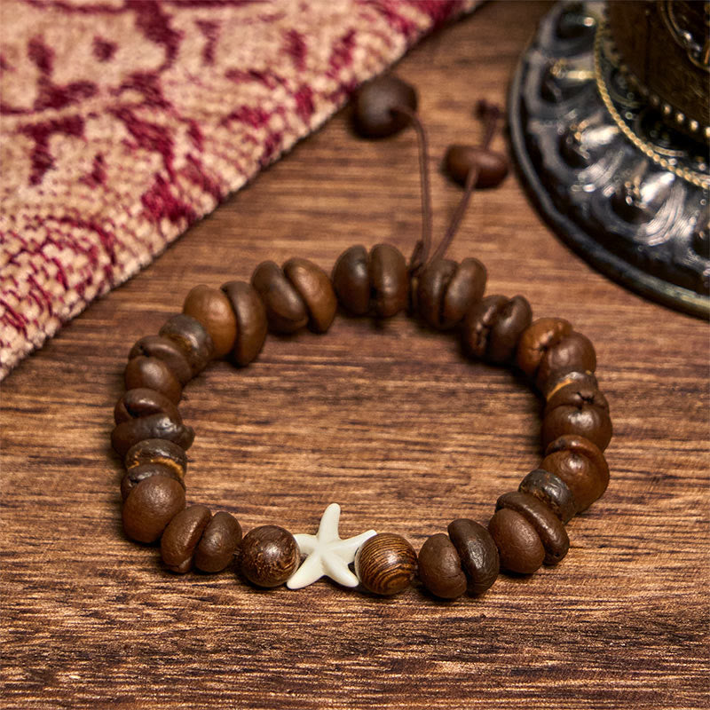 Buddha Stones、手作り天然コーヒー豆、木製ビーズ、ヒトデブレスレット - image 2