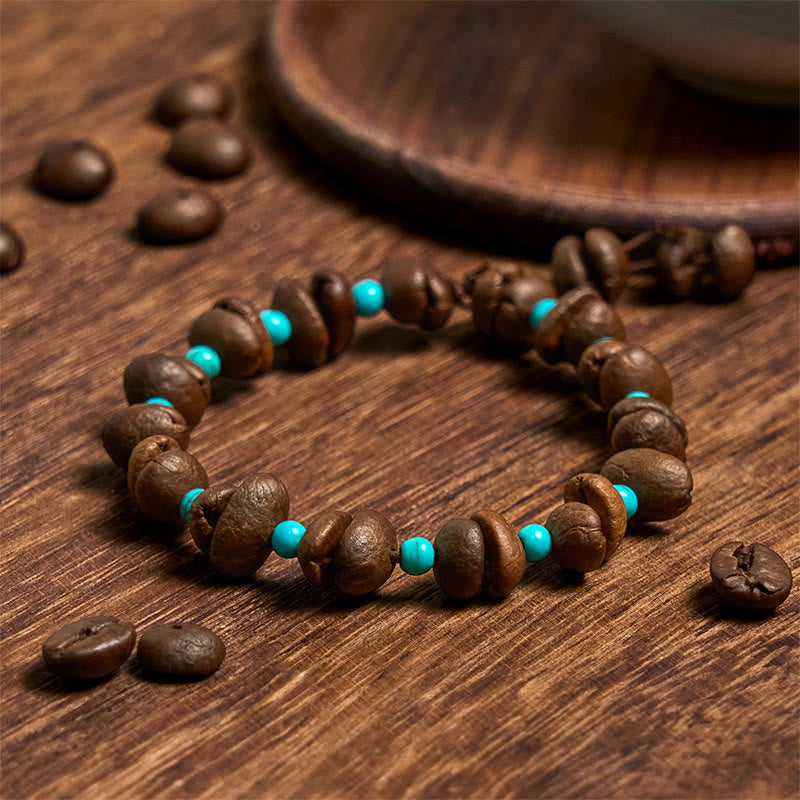 Buddha Stonesハンドメイド天然コーヒー豆ターコイズビーズブレスレット - コーヒー豆（手首周り14～17cm） - image 1