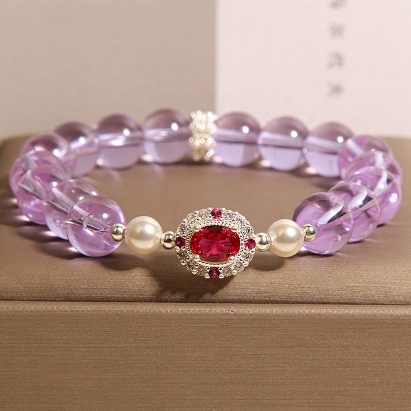 Buddha Stones天然アメジストパールレッドジルコンバランスブレスレット - アメジスト（手首周り：15～19cm） - image 1