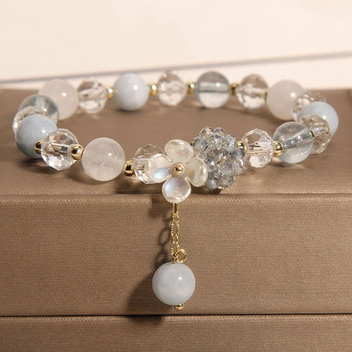 Buddha Stonesアクアマリン イエローキャッツアイストーン フラワーピースブレスレット - アクアマリン（手首周り：14～16cm） - image 1