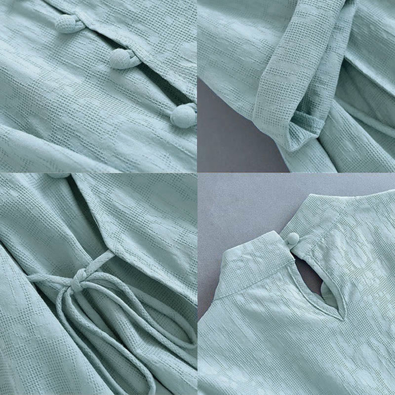 Buddha Stones春のカジュアル 無地 フロッグボタンデザイン サイドレースアップ コットンリネン ミディドレス - image 12