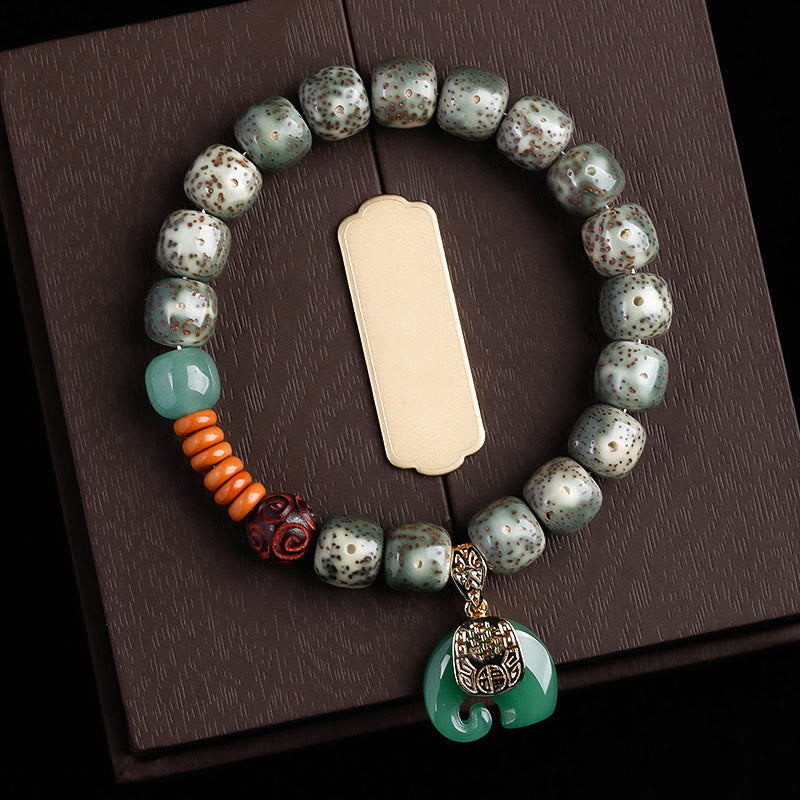 Buddha Stones手磨き 星月菩提樹 象の模様 内なる平和のブレスレット - グリーンスタームーン菩提樹種＆グリーンエレファント（手首周り：14～16cm） - image 16