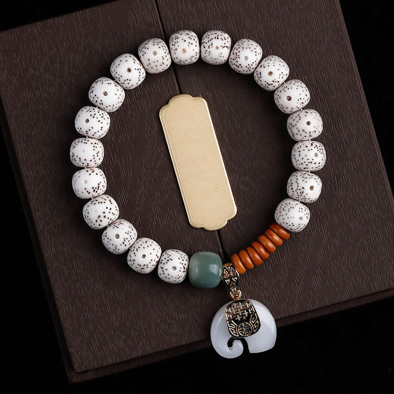 Buddha Stones手磨き 星月菩提樹 象の模様 内なる平和のブレスレット - 白星月菩提樹と白象（手首周り：14～16cm） - image 1