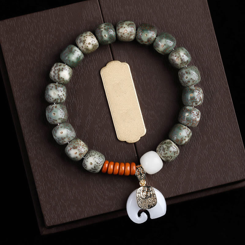 Buddha Stones手磨き 星月菩提樹 象の模様 内なる平和のブレスレット - グリーンスタームーン菩提樹と白象（手首周り：14～16cm） - image 15