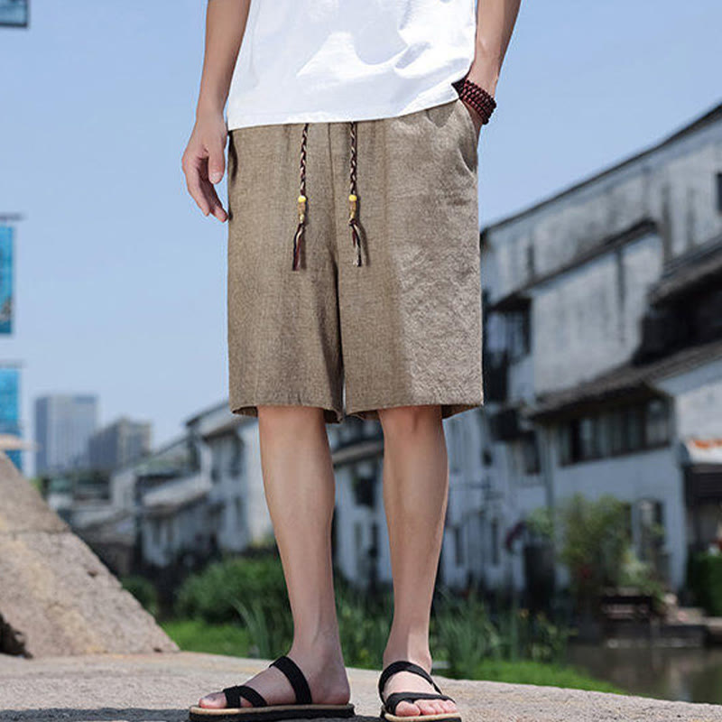 Buddha Stones織りウエストロープビーズクロップド丈リネンメンズショートパンツ（ポケット付き） - image 1