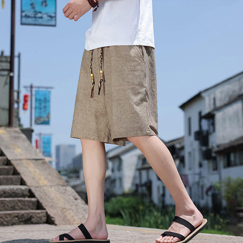Buddha Stones織りウエストロープビーズクロップド丈リネンメンズショートパンツ（ポケット付き） - image 6