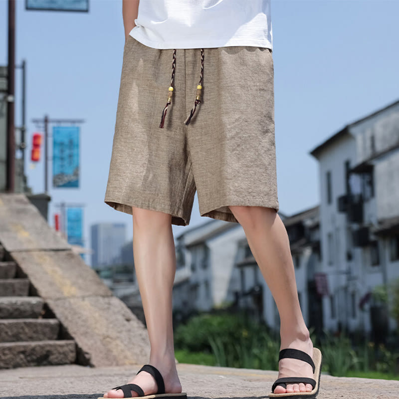 Buddha Stones織りウエストロープビーズクロップド丈リネンメンズショートパンツ（ポケット付き） - image 3