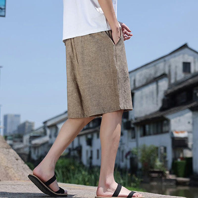 Buddha Stones織りウエストロープビーズクロップド丈リネンメンズショートパンツ（ポケット付き） - image 3