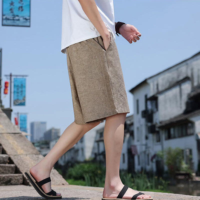Buddha Stones織りウエストロープビーズクロップド丈リネンメンズショートパンツ（ポケット付き） - image 4
