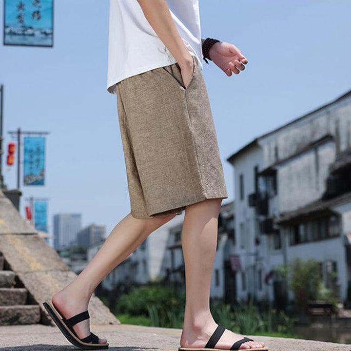 Buddha Stones織りウエストロープビーズクロップド丈リネンメンズショートパンツ（ポケット付き） - image 4