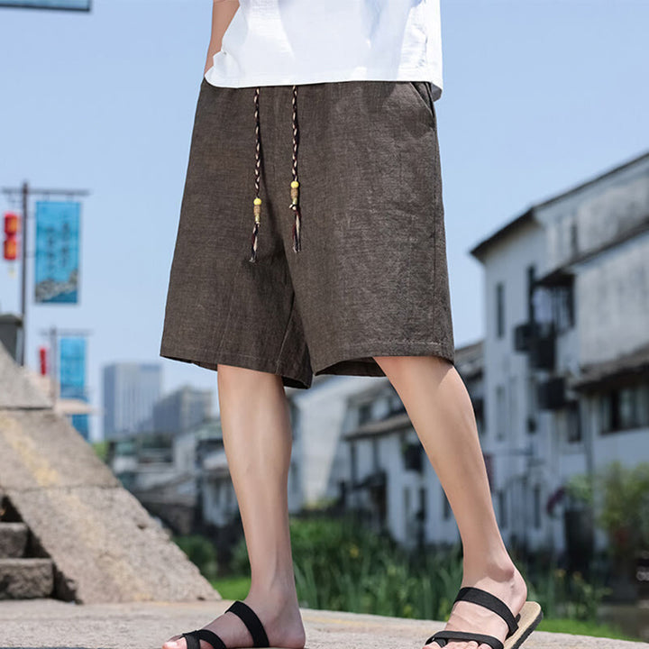 Buddha Stones織りウエストロープビーズクロップド丈リネンメンズショートパンツ（ポケット付き） - image 9