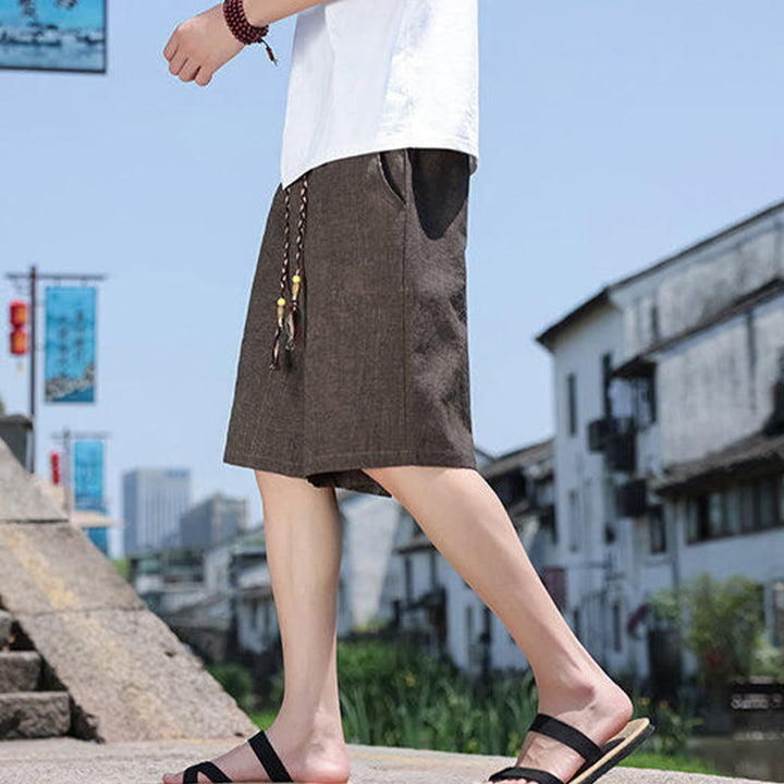 Buddha Stones織りウエストロープビーズクロップド丈リネンメンズショートパンツ（ポケット付き） - image 14