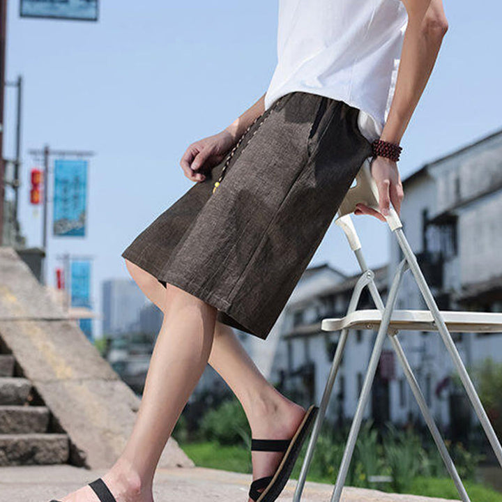 Buddha Stones織りウエストロープビーズクロップド丈リネンメンズショートパンツ（ポケット付き） - image 14