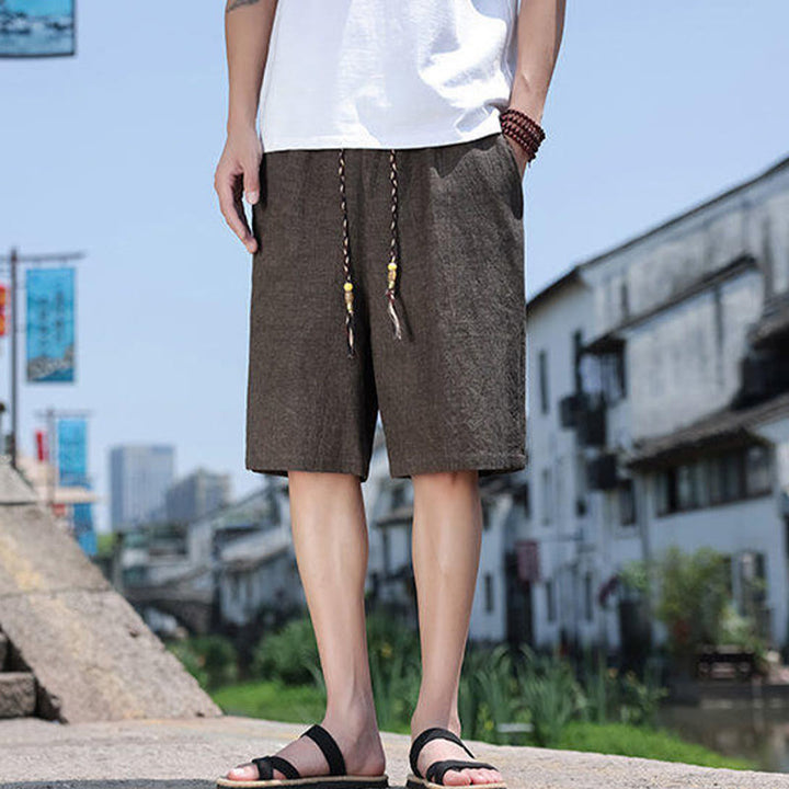 Buddha Stones織りウエストロープビーズクロップド丈リネンメンズショートパンツ（ポケット付き） - image 10