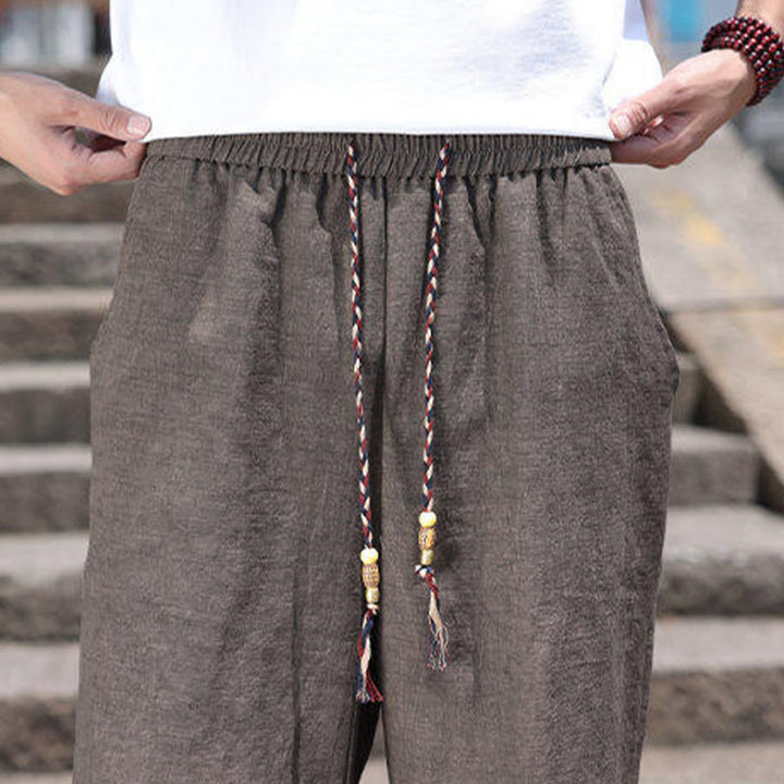 Buddha Stones織りウエストロープビーズクロップド丈リネンメンズショートパンツ（ポケット付き） - image 17