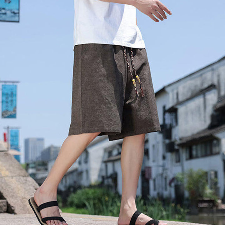 Buddha Stones織りウエストロープビーズクロップド丈リネンメンズショートパンツ（ポケット付き） - image 12
